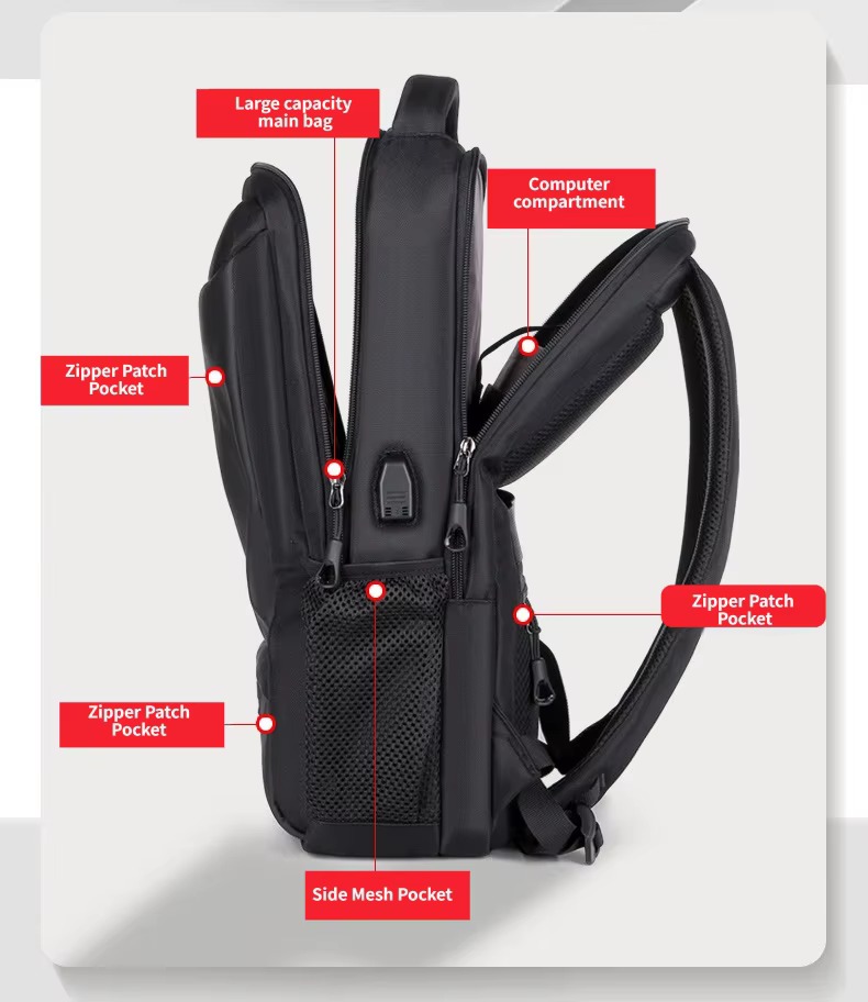 labeled computer compartment, main bag and zipper pockets