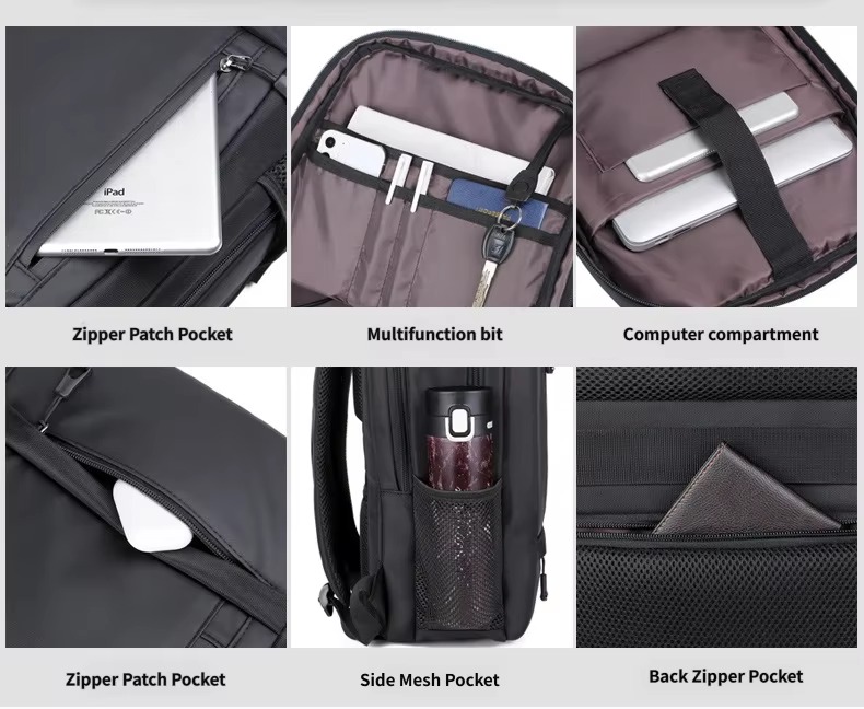 zipper patch pockets, organizer, laptop sleeve, side mesh and back pocket