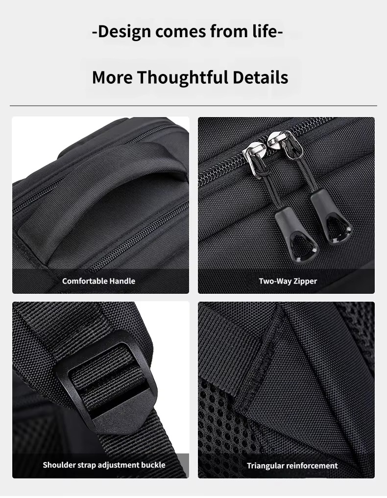 handle, two-way zipper, strap buckle and triangular reinforcement
