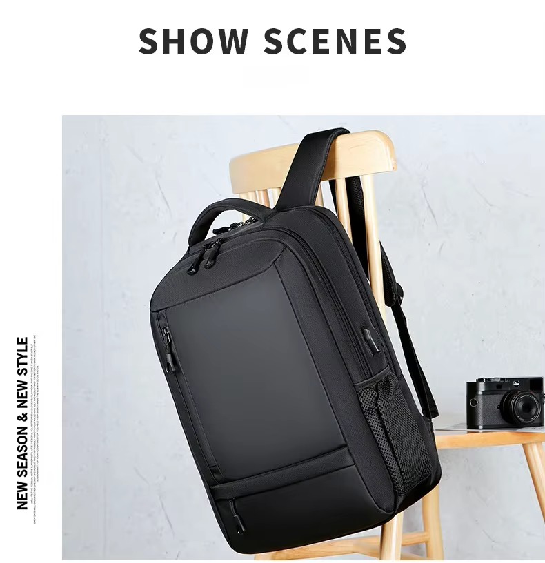 backpack leaning on chair with camera