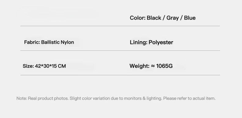 product parameters with ballistic nylon and 1065 g weight
