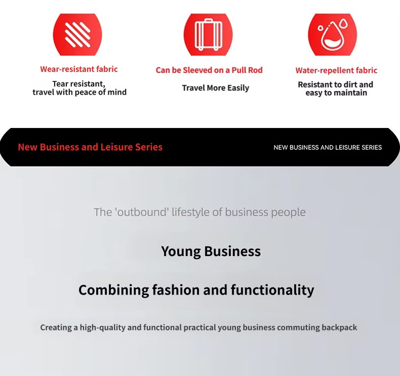 feature icons for wear-resistant, trolley sleeve and water-repellent fabric