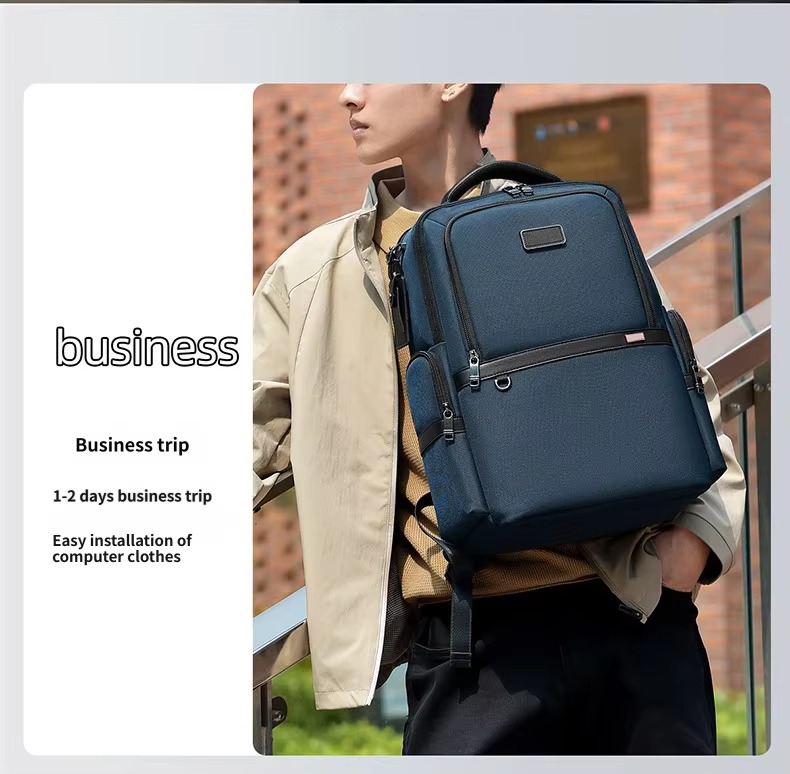 man wearing blue backpack for business trip