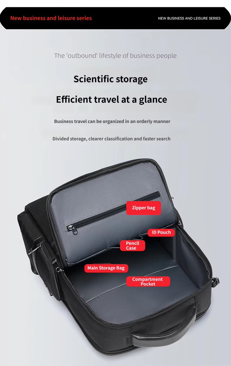 organized main compartment with zipper bag, ID pouch and pen case