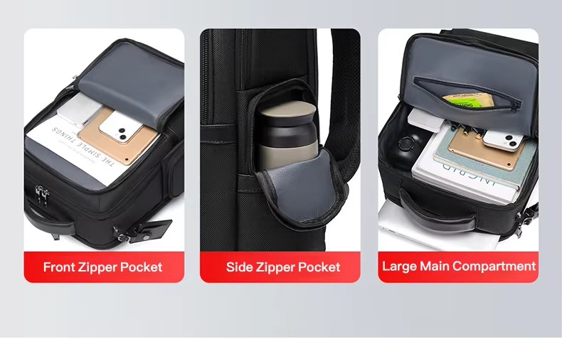 front zipper pocket, side zipper pocket and main compartment