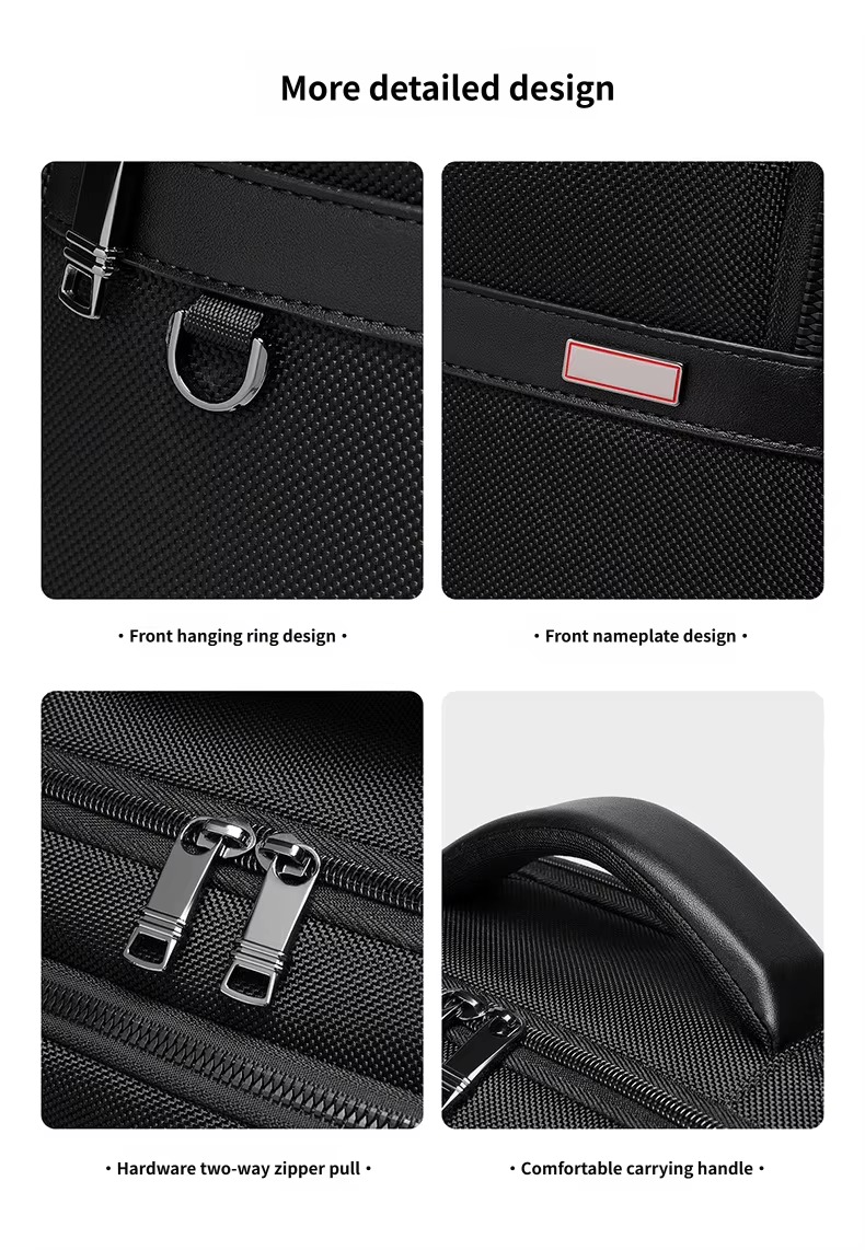 front ring, nameplate, zipper pulls and padded handle