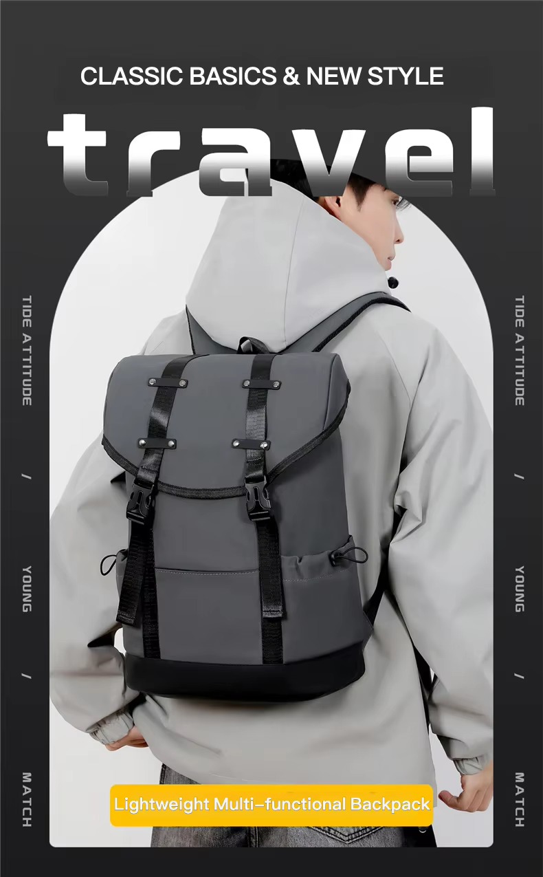 man wearing gray backpack in travel poster