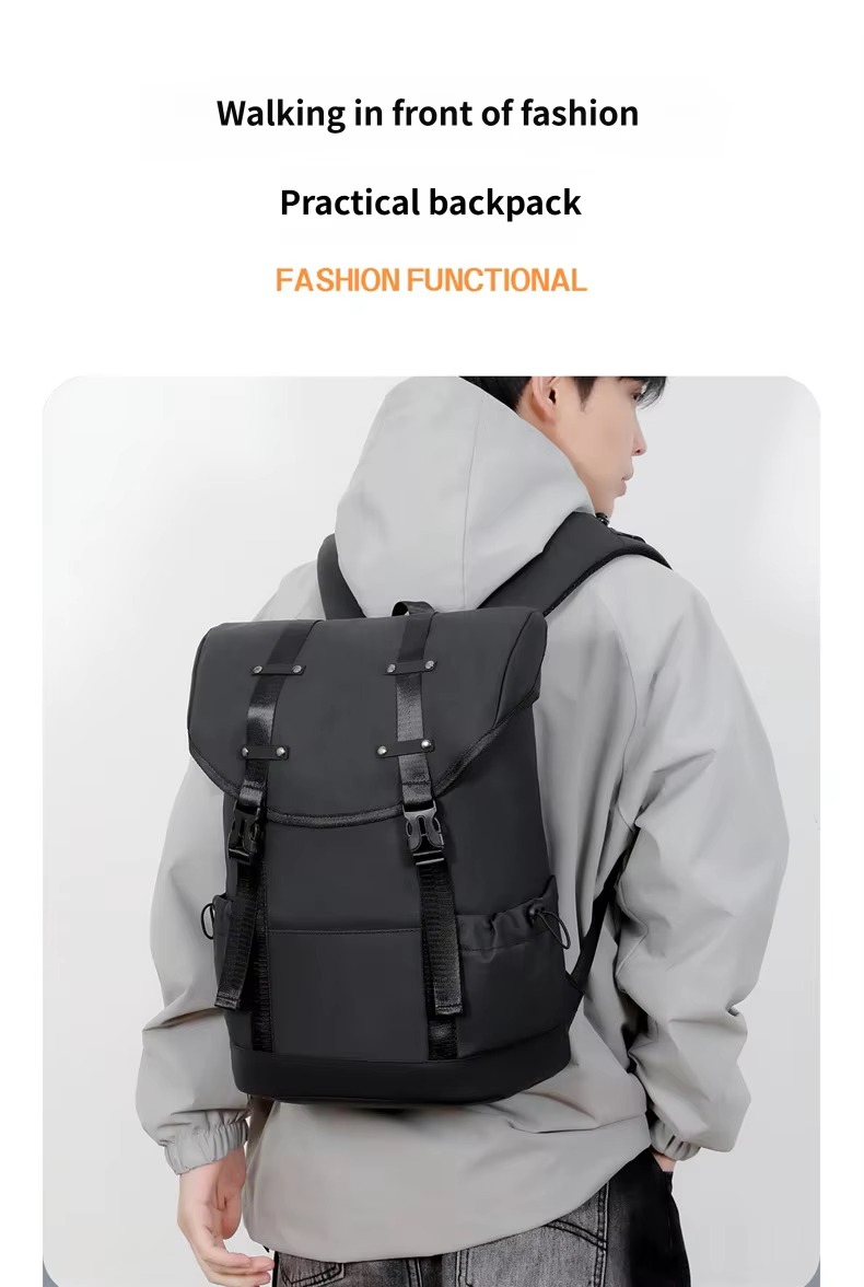 man wearing black flap backpack
