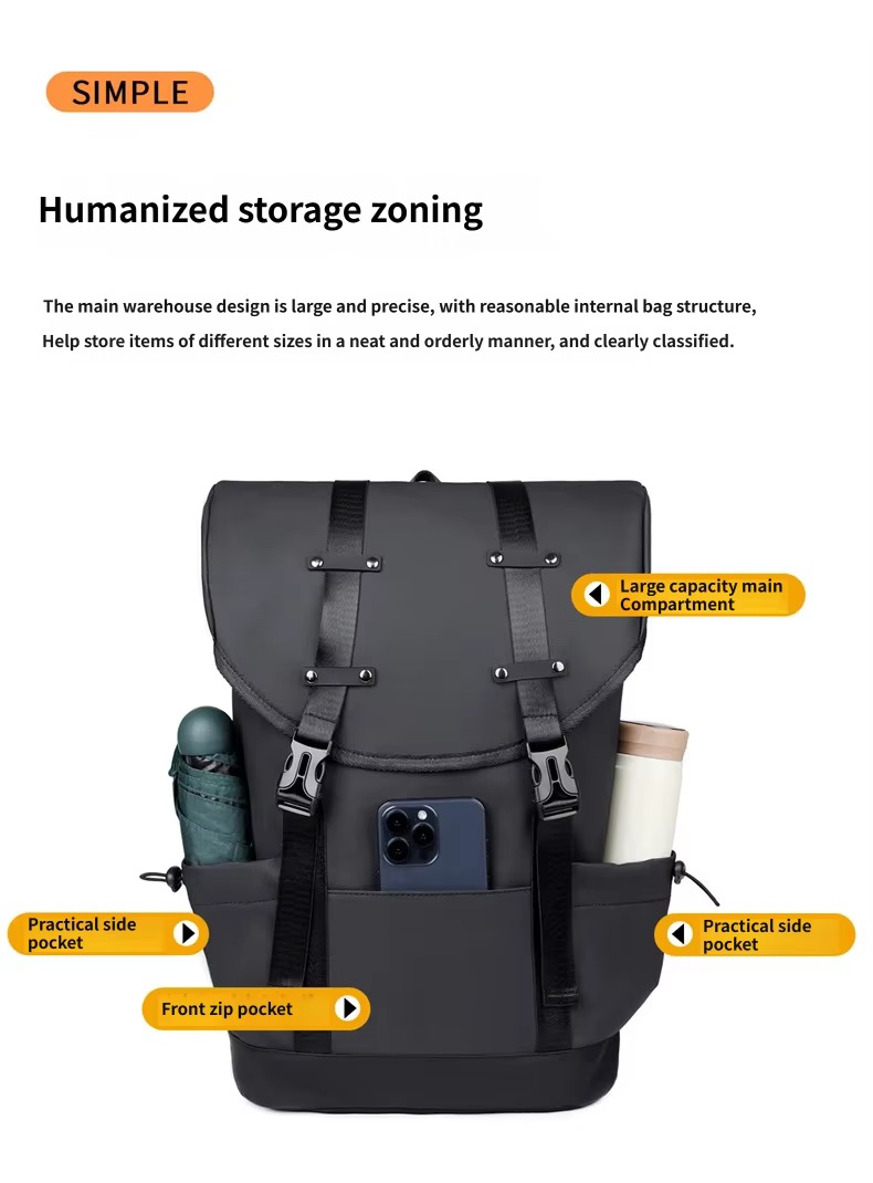 labeled main compartment, side pockets and front zip pocket