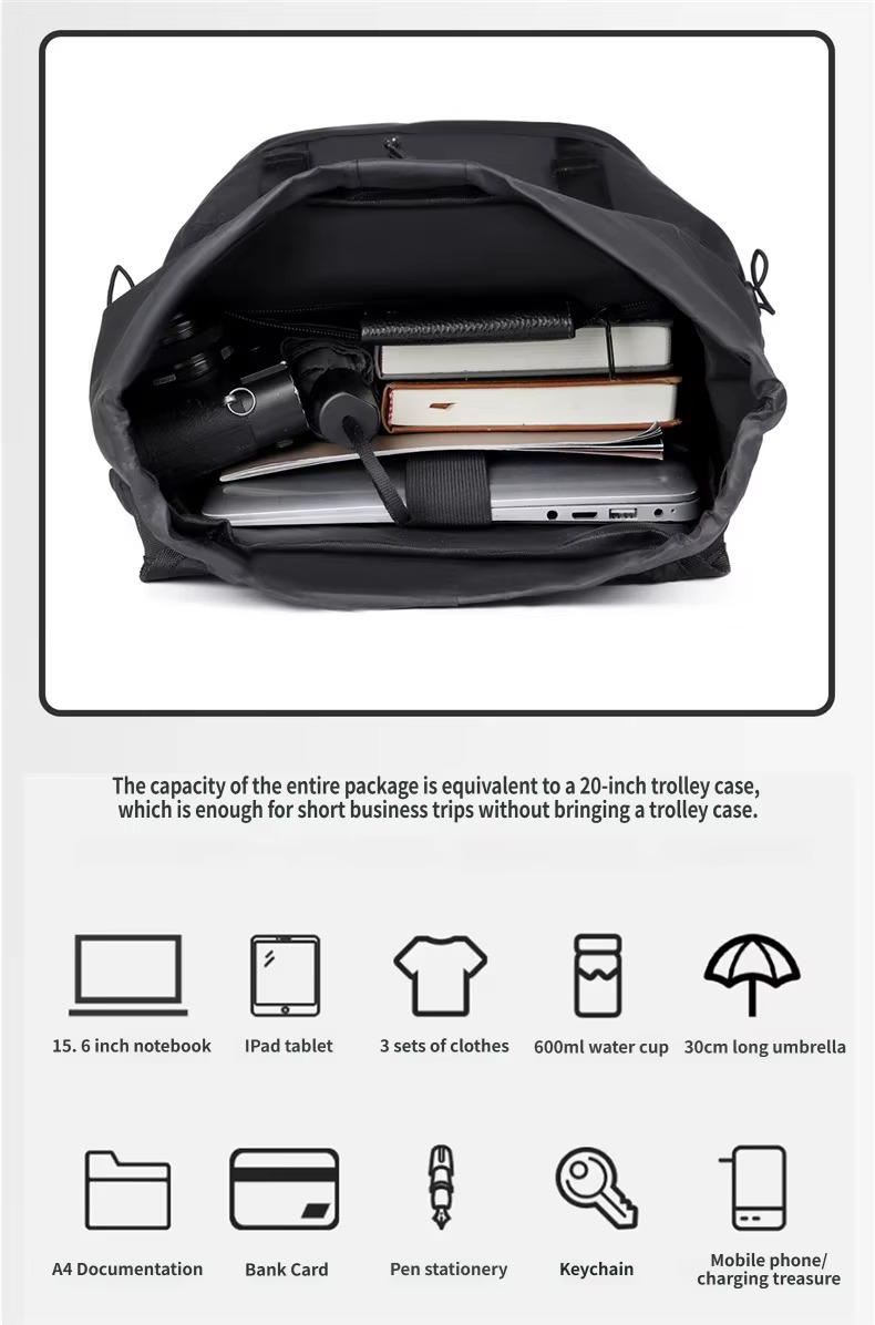 packed main compartment and storage icons
