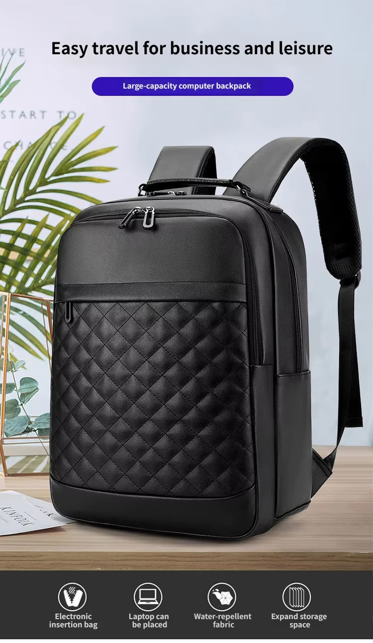 black quilted PU laptop backpack on desk