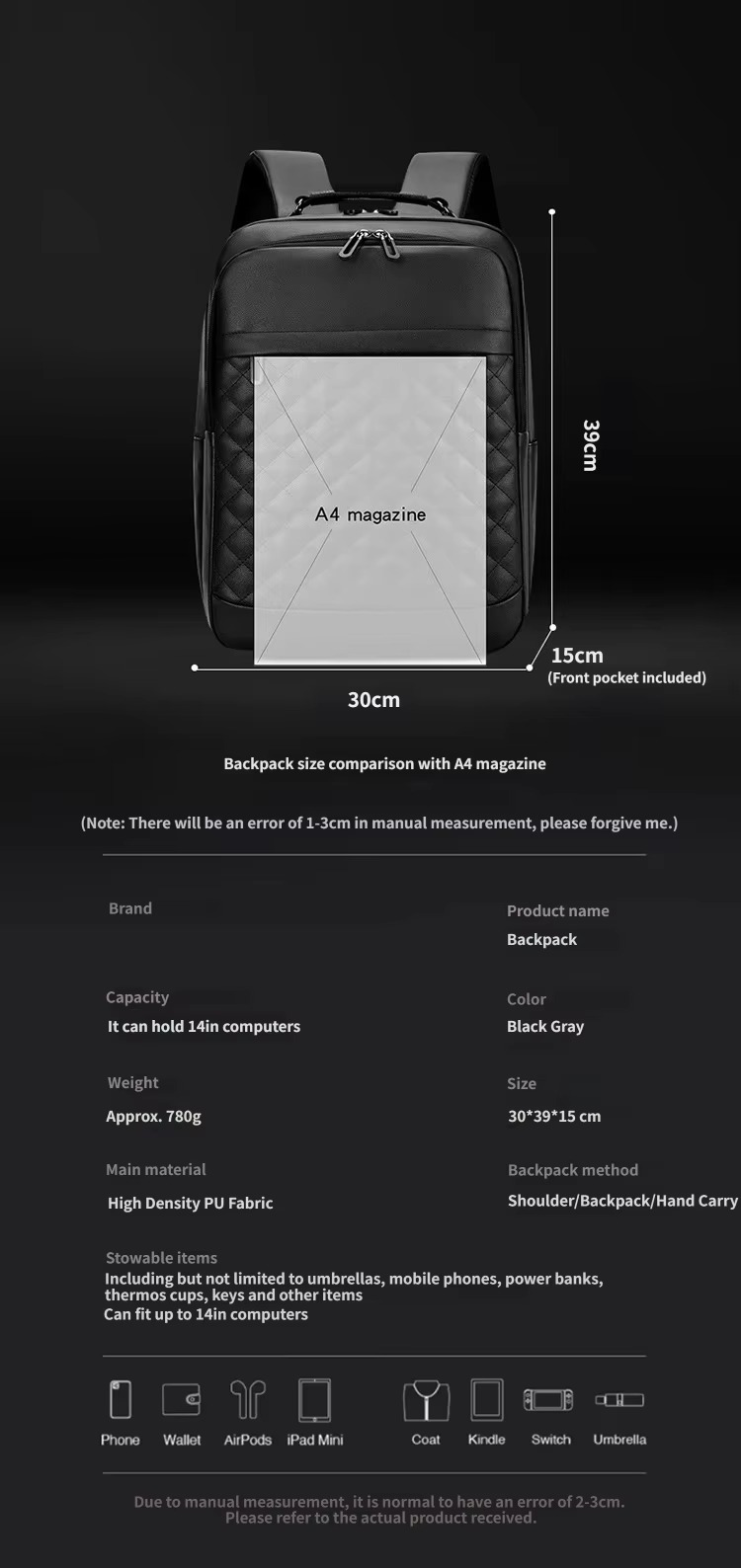 30x39x15 cm size compared with A4 magazine and spec table