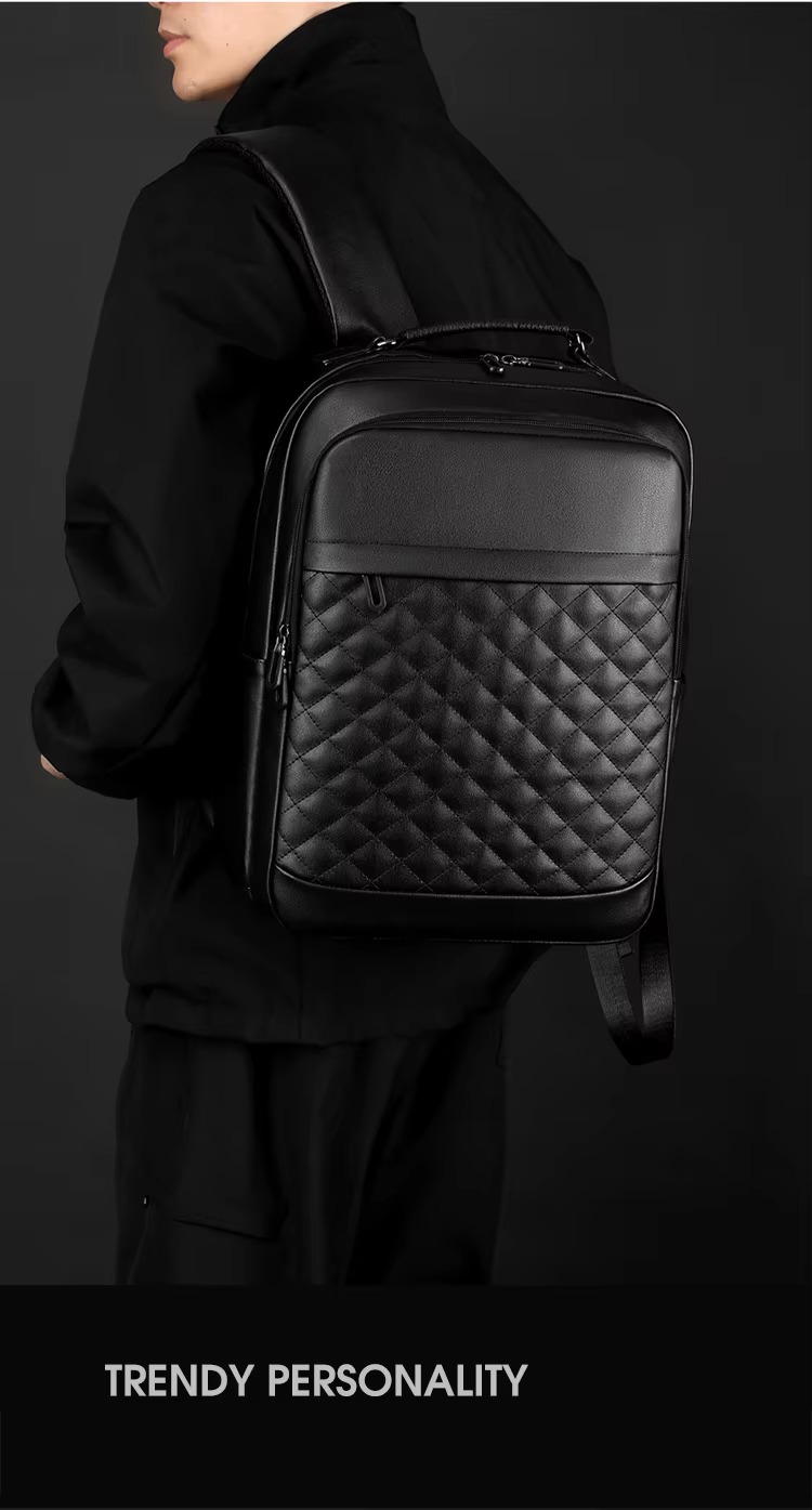 man wearing black quilted backpack
