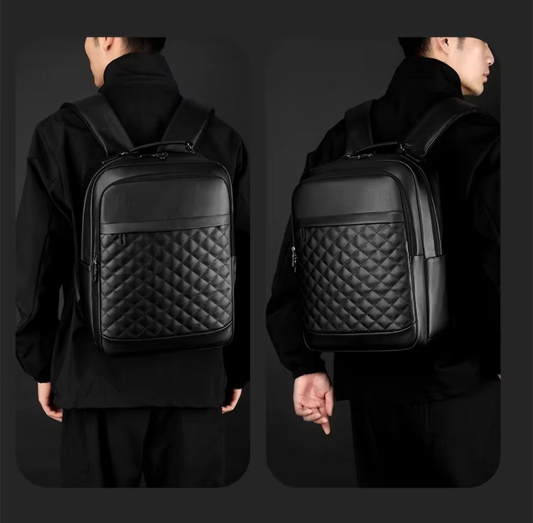 front and side views of black backpack on model