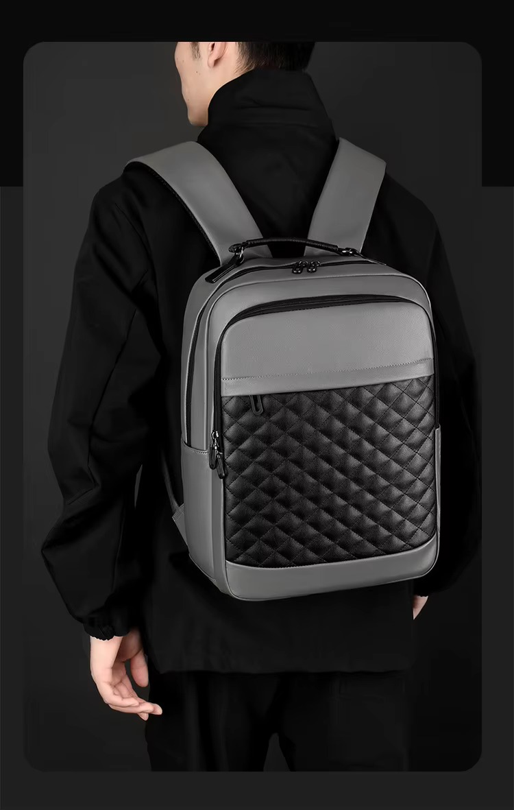 gray backpack back view