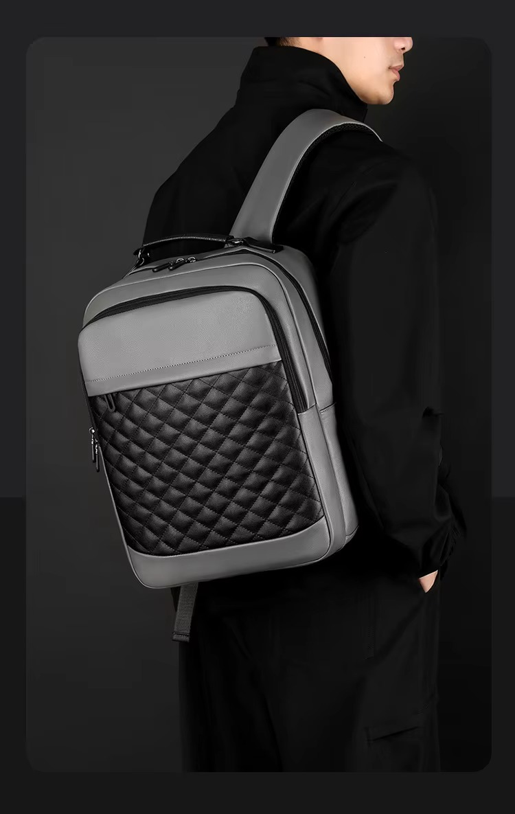 gray backpack side view on model