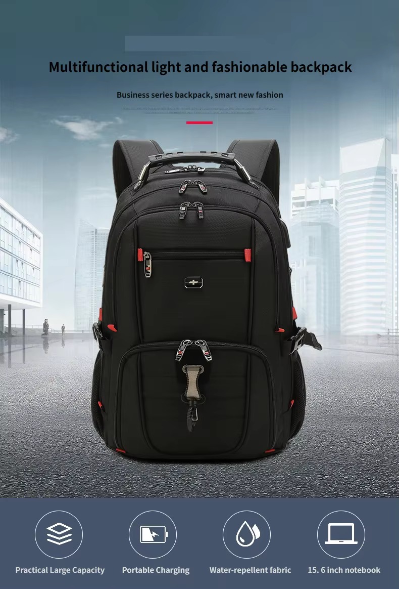 black multifunctional travel backpack with feature icons