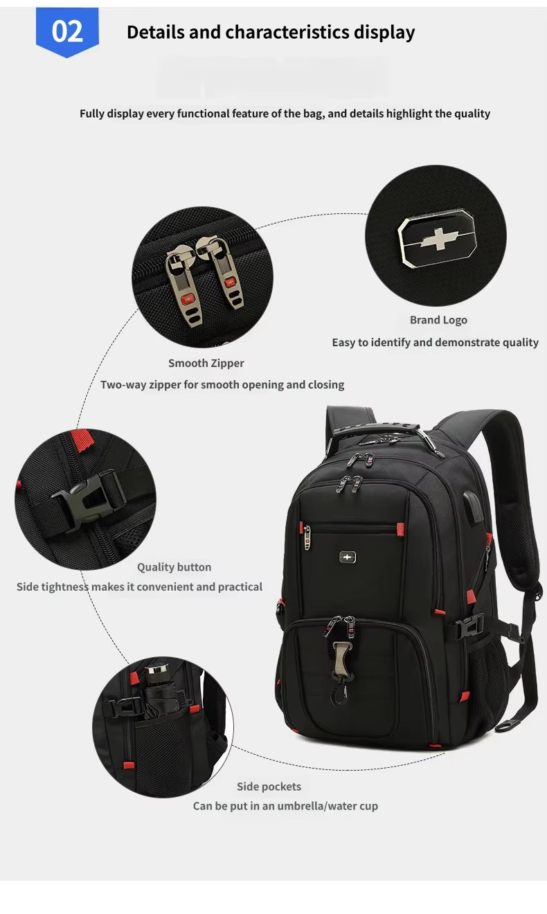 detail callouts for zipper, logo badge, side buckle and side pocket