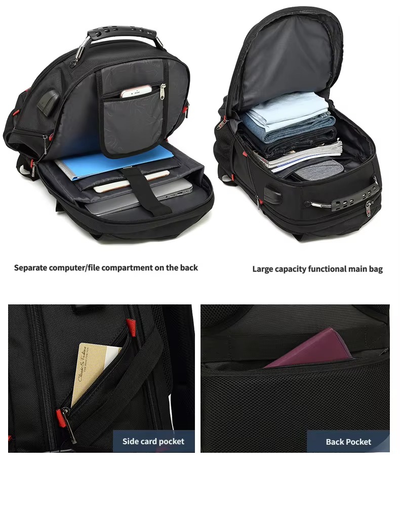 computer compartment, main bag, side card pocket and back pocket