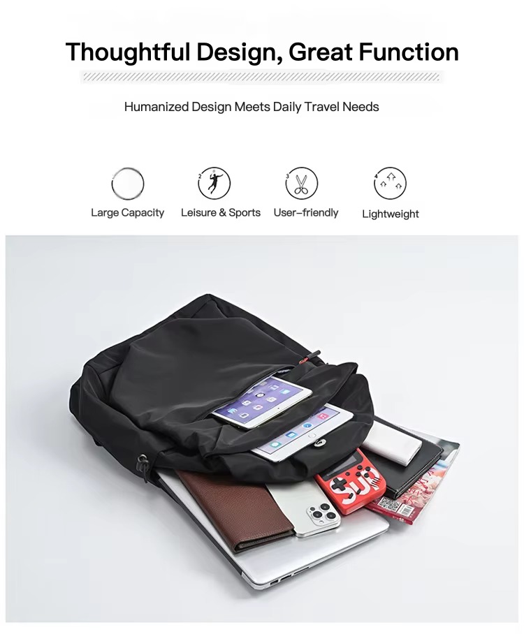 backpack with tablet, wallet and phone items