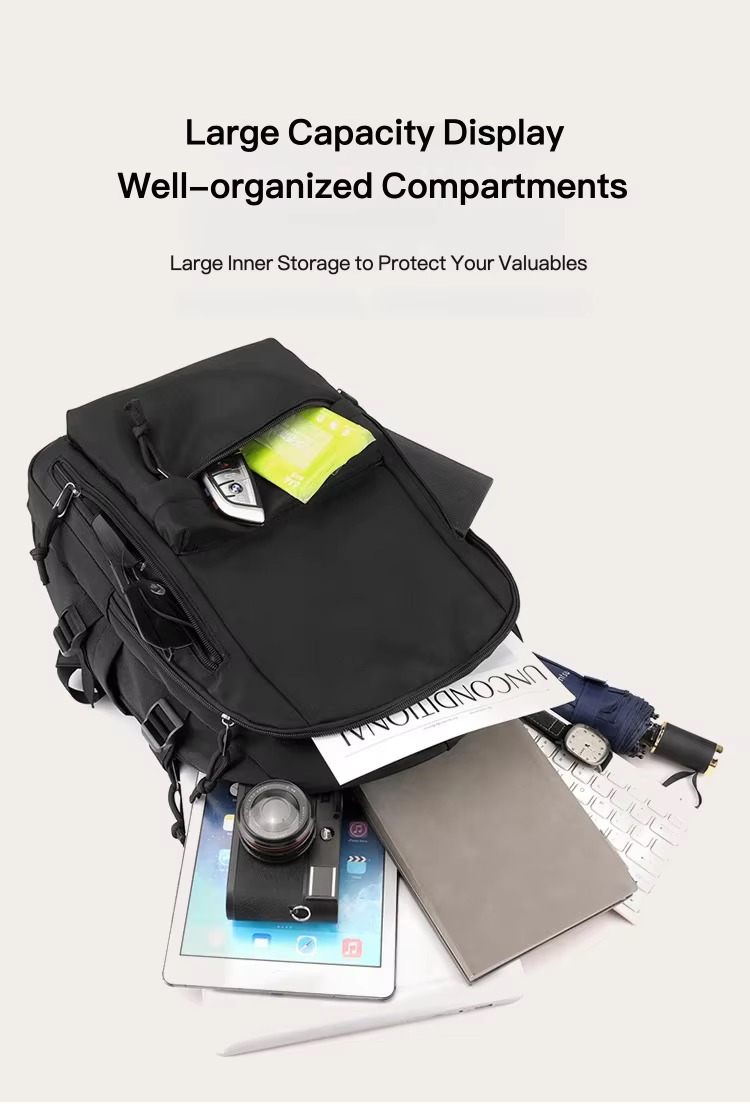 open backpack with camera, tablet and umbrella