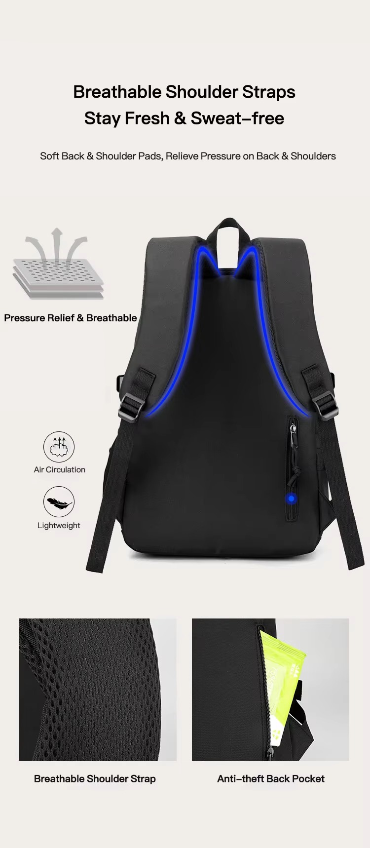 breathable back, shoulder strap and anti-theft back pocket