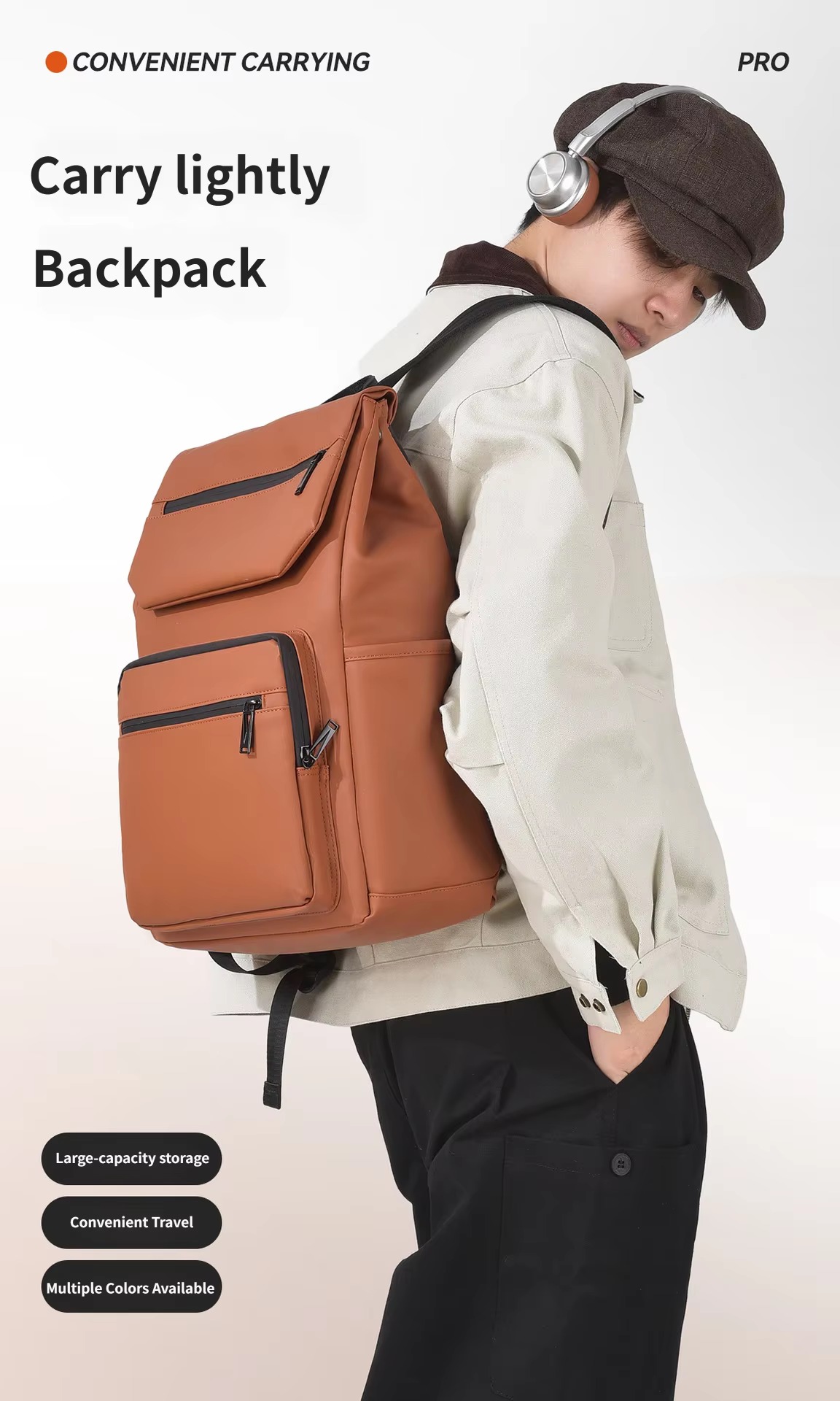 man wearing orange flap top backpack