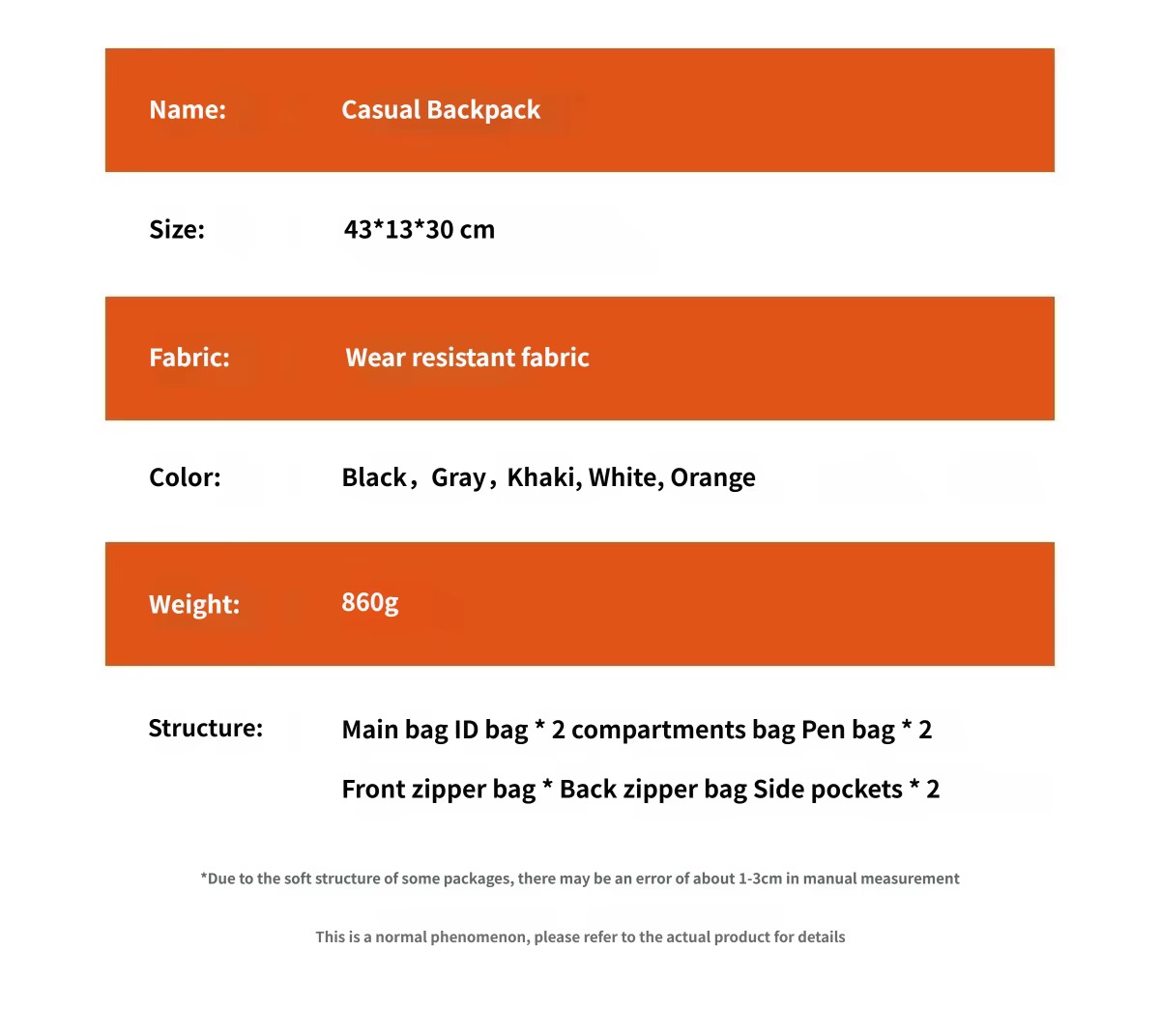 product parameters with 860 g weight and structure