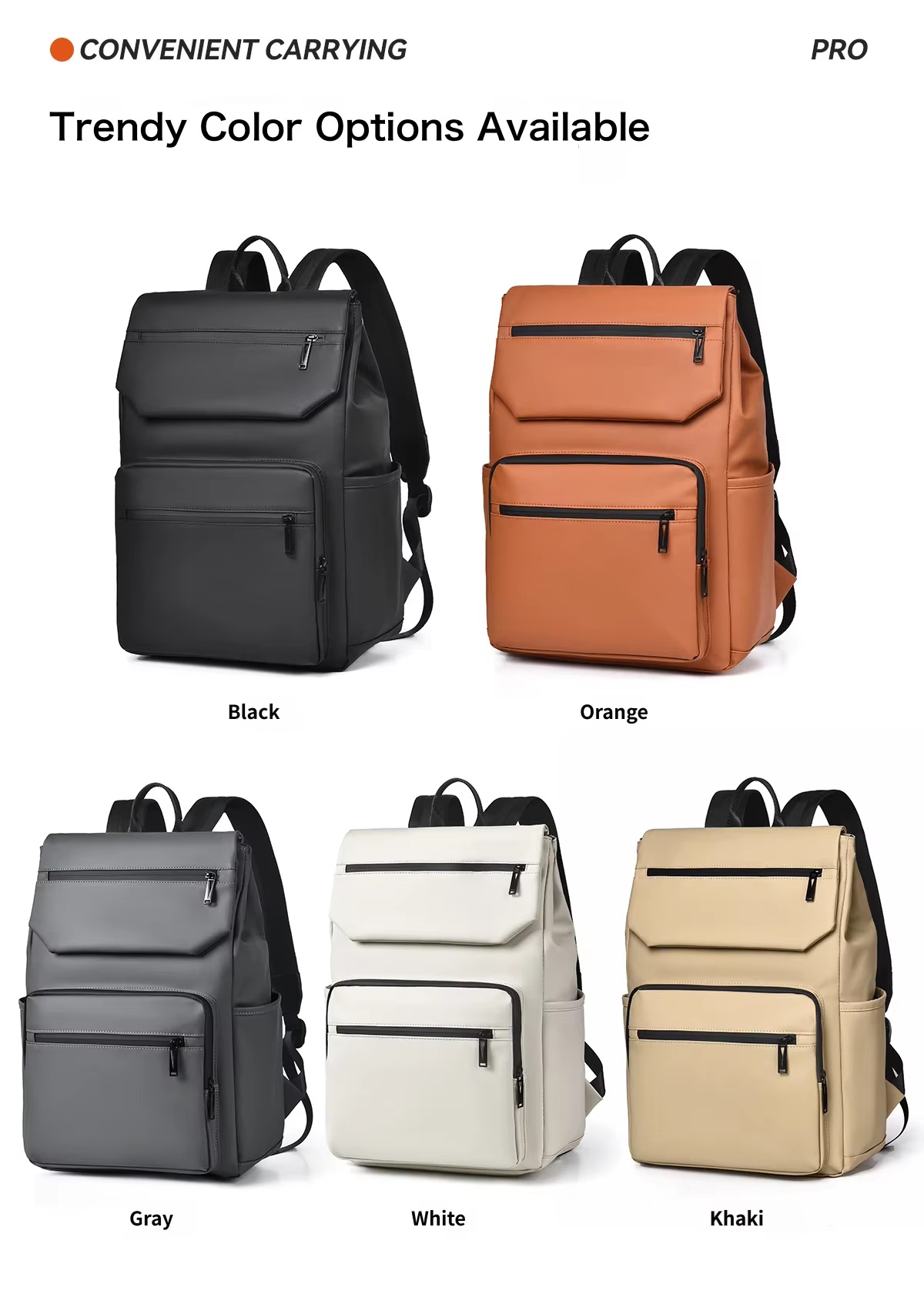 black, orange, gray, white and khaki colors