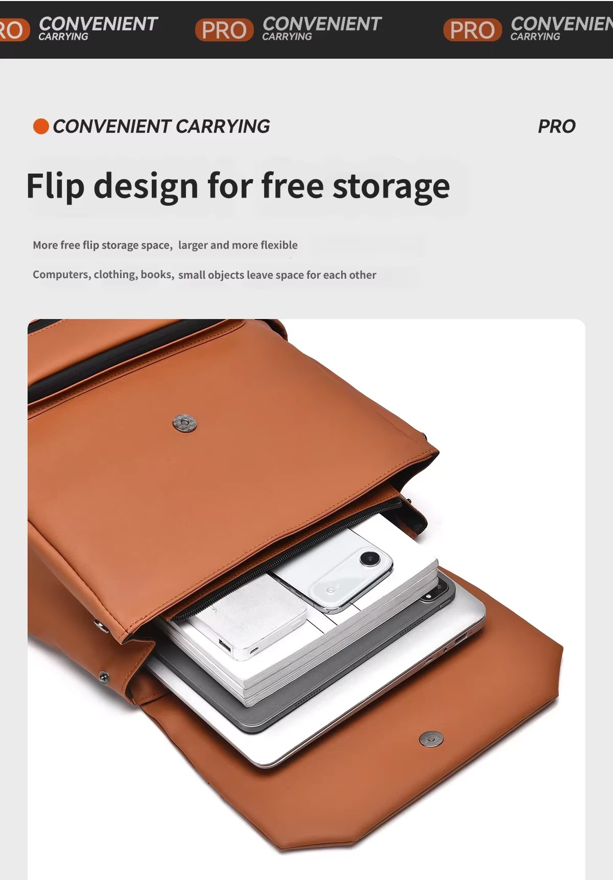flip-top flap opening to laptop and books