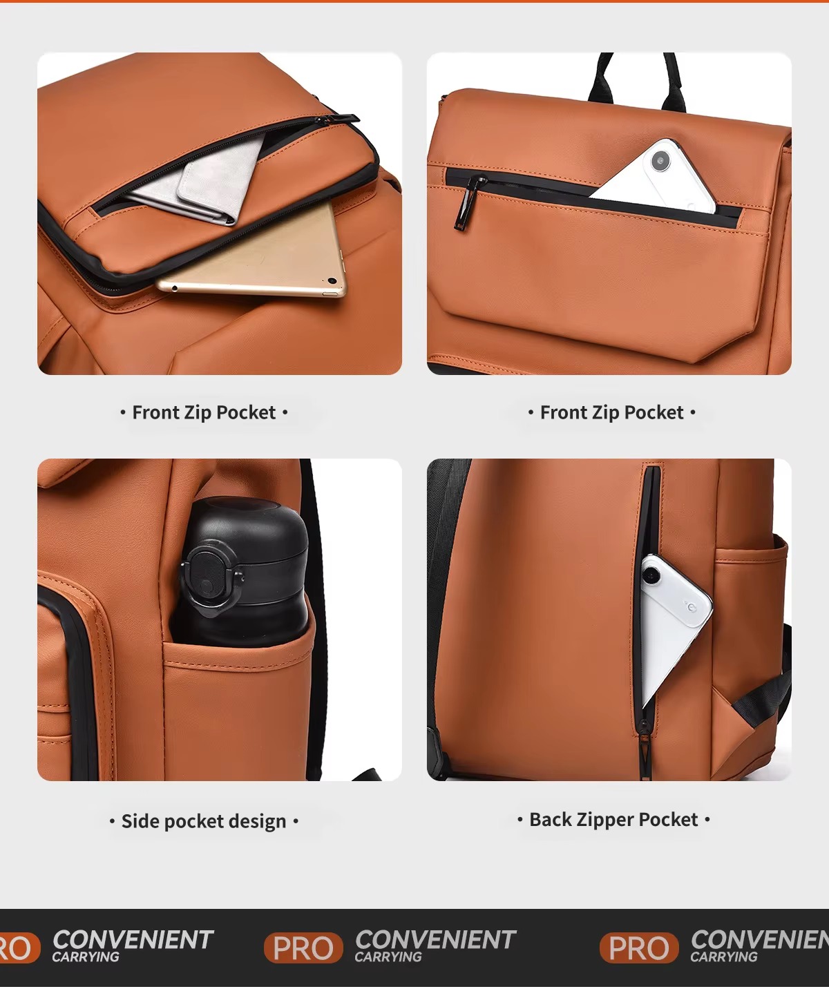 front zip pockets, side pocket and back zipper pocket