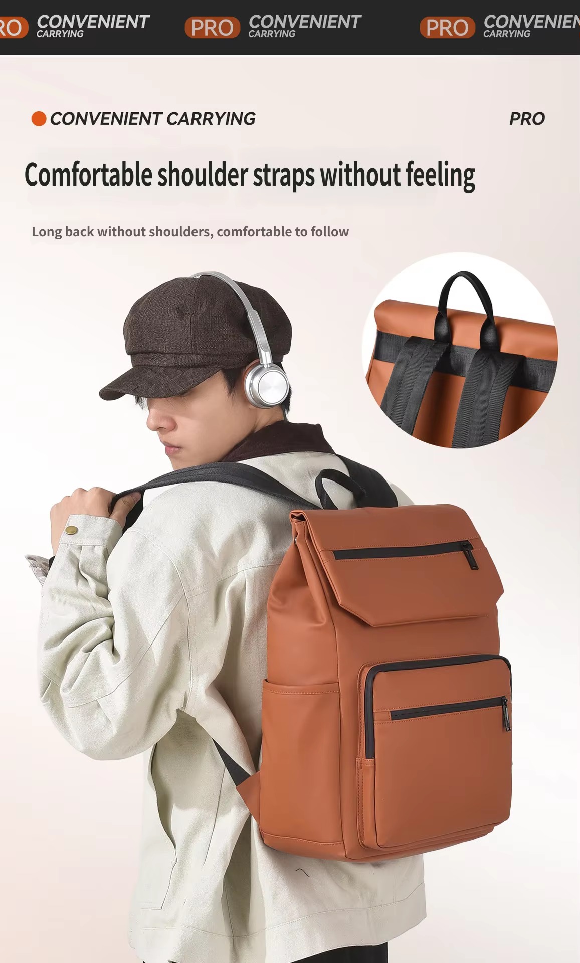 man wearing orange backpack with padded straps