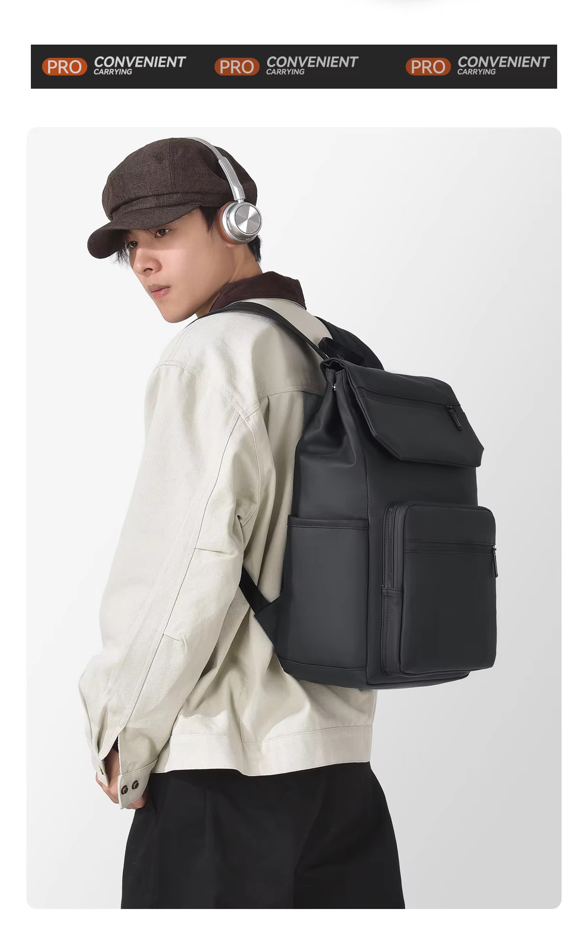 man wearing black backpack side view
