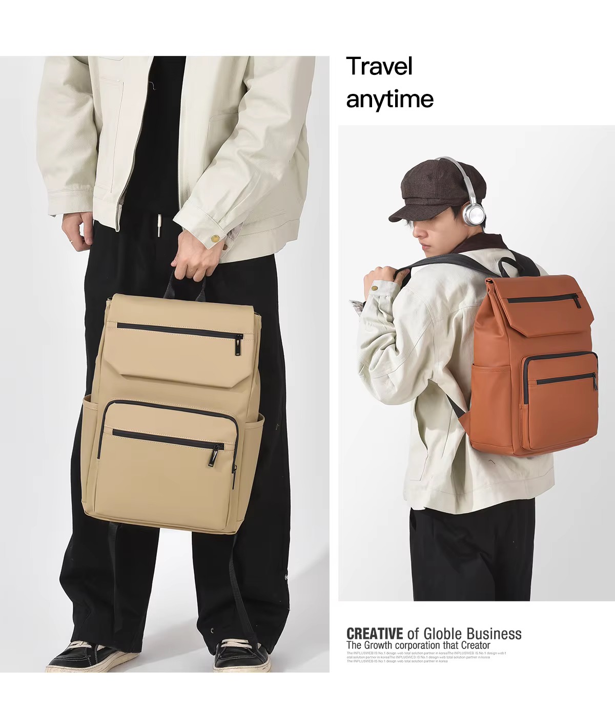 man holding khaki backpack and wearing orange one