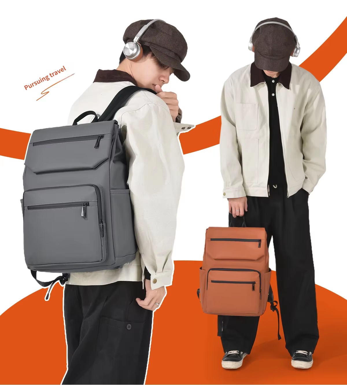 man with gray backpack and orange backpack