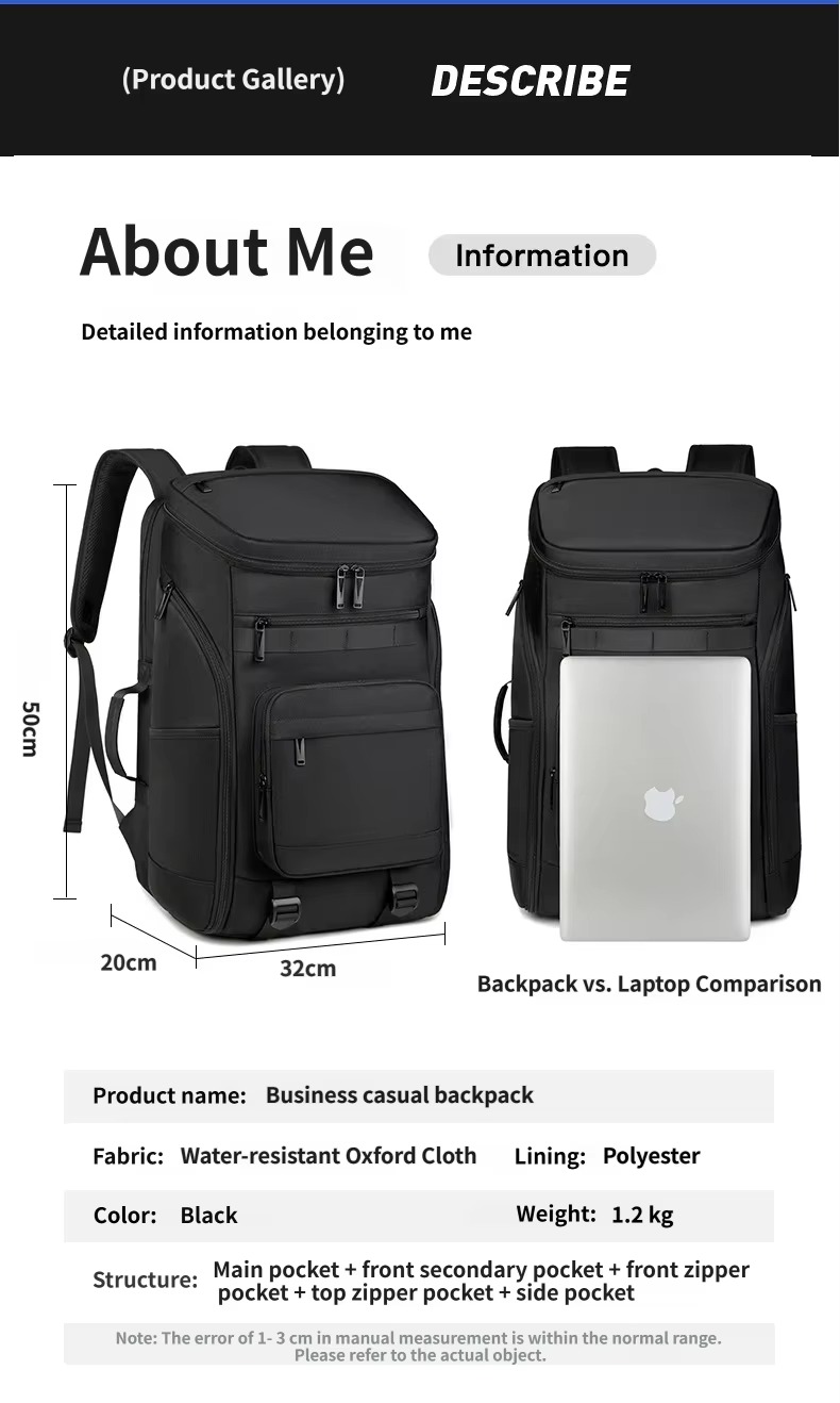 50x32x20 cm size with laptop and product information