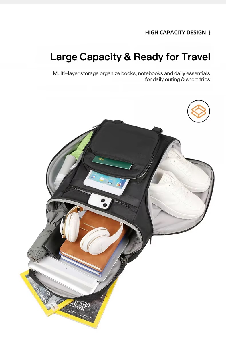 open compartments with shoes, tablet, books and headphones