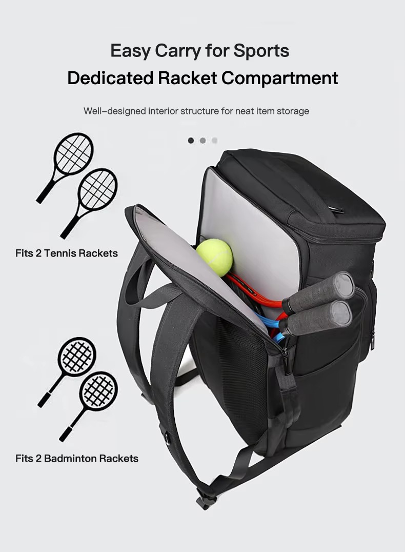 racket compartment fits two tennis or badminton rackets