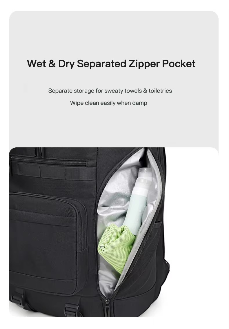 wet and dry separated zipper pocket with towel and bottle