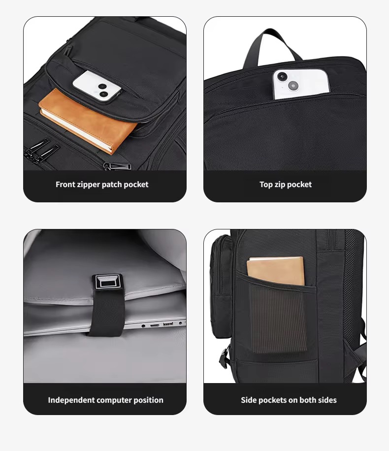 front zipper patch, top zip, computer and side pockets