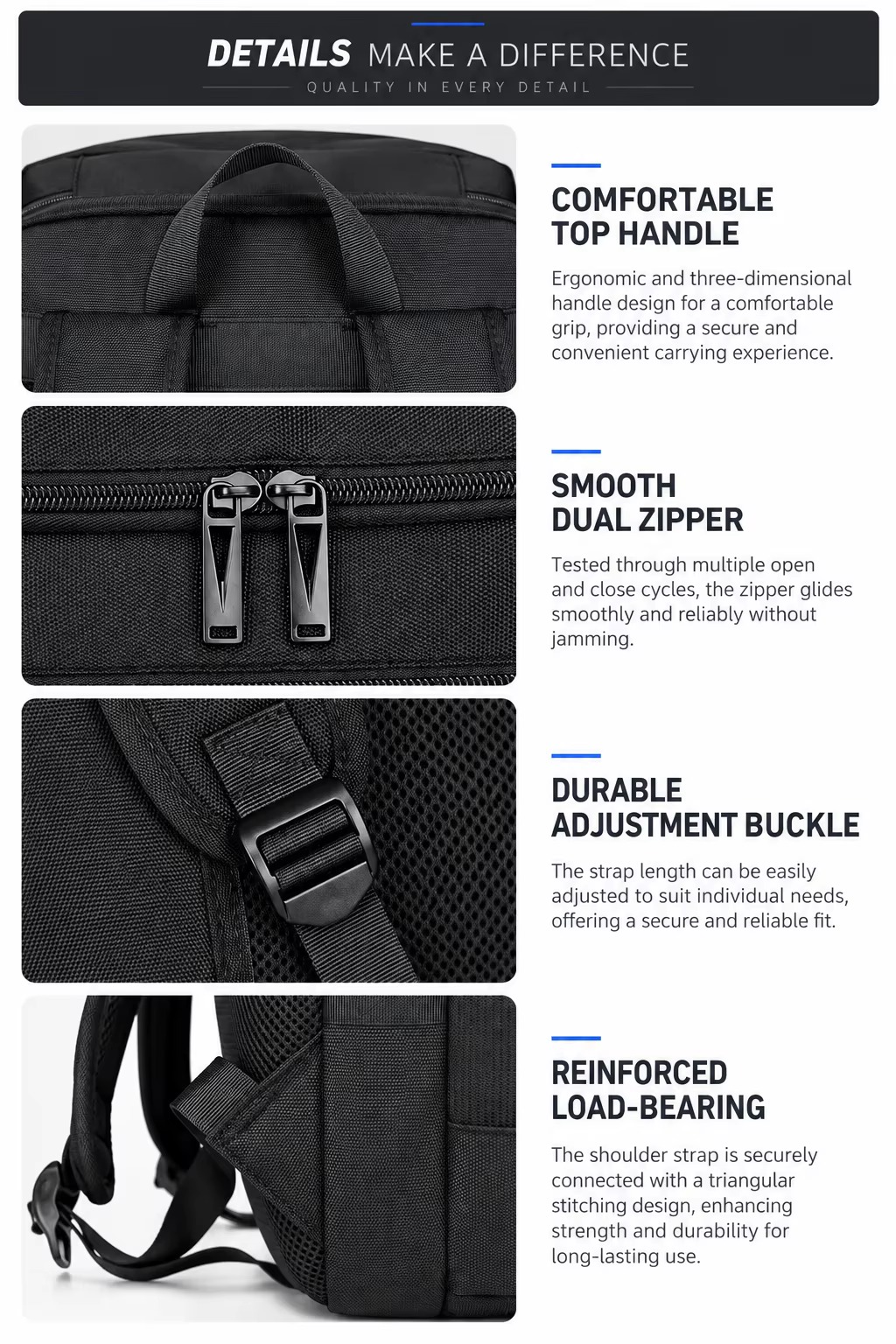 top handle, dual zipper, adjustment buckle and reinforced strap details
