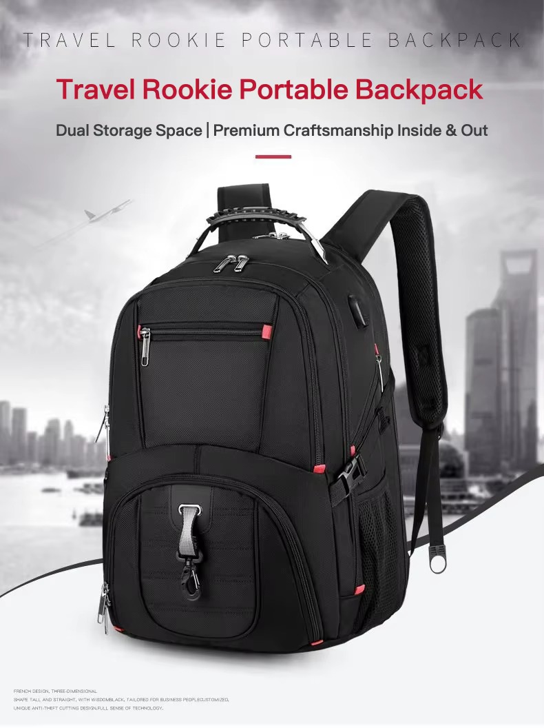 black backpack front view against city skyline background