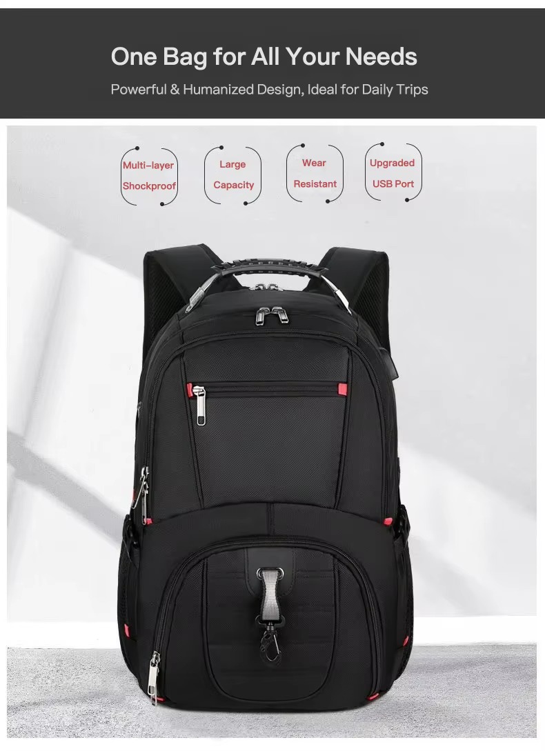 backpack front view with shockproof and usb feature icons
