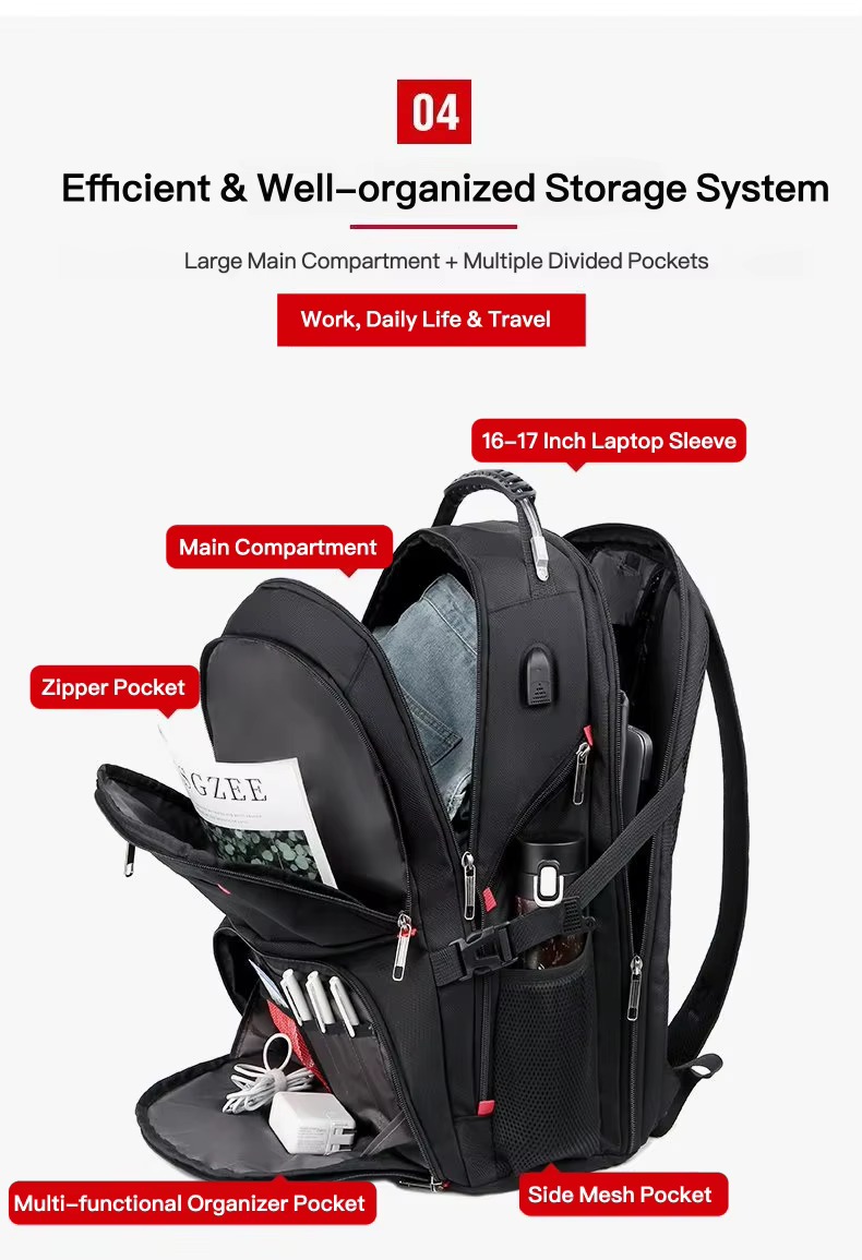 open main compartment with organizer pocket and packed items