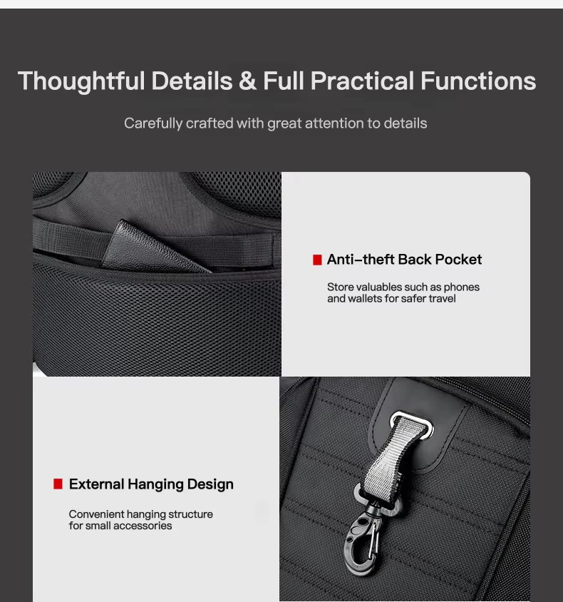 anti-theft back pocket and external hanging hook detail