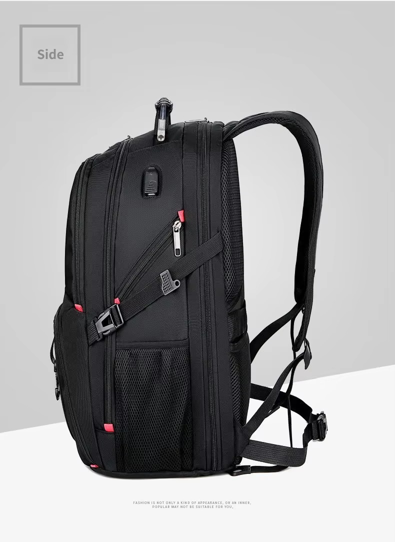 backpack side view with usb port and side pocket
