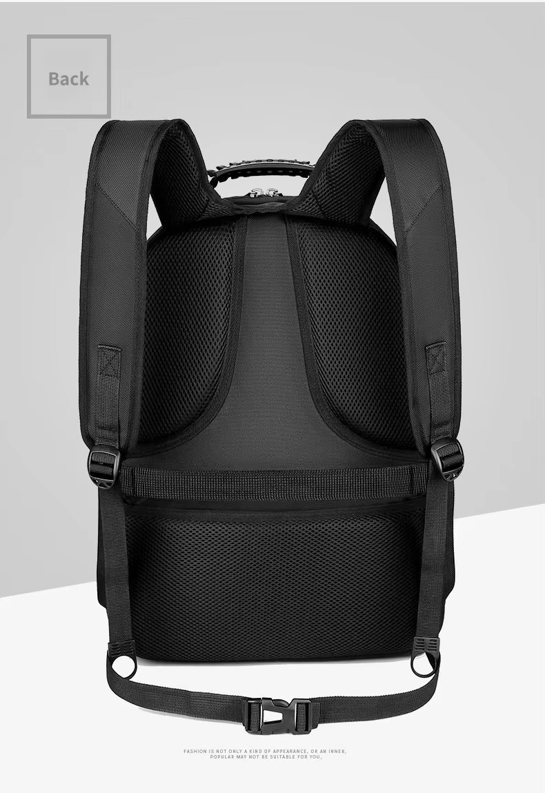 backpack back view with padded straps and mesh panel