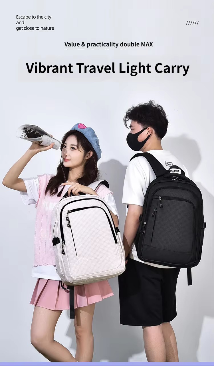 couple wearing white and black backpacks