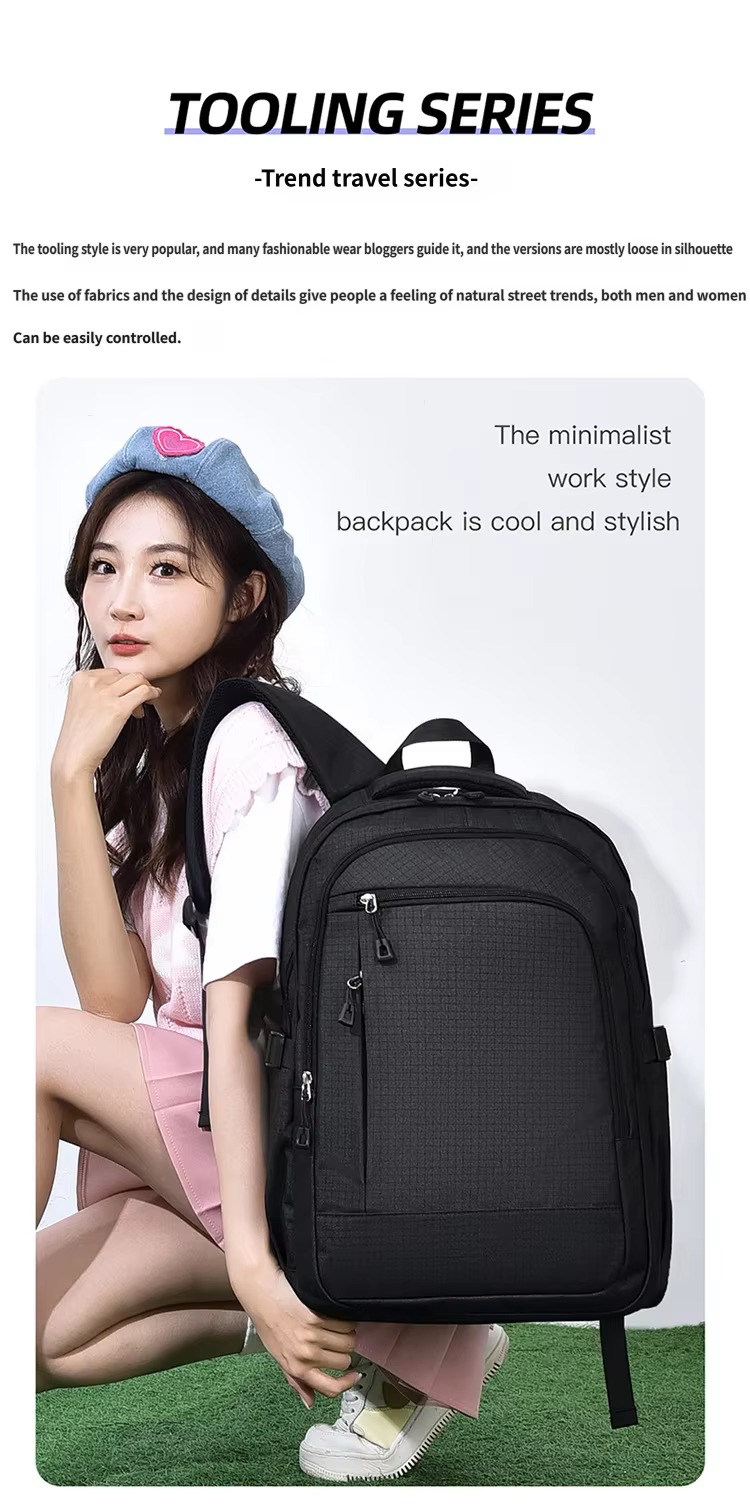 woman crouching with black backpack