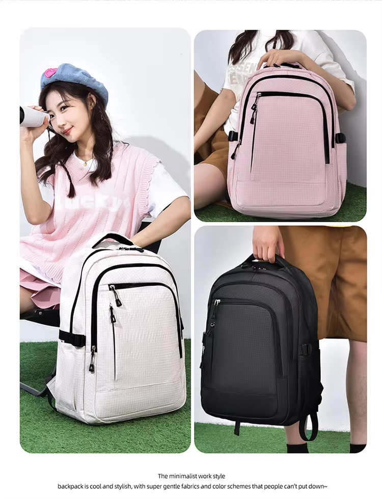 pink, white and black backpacks on models